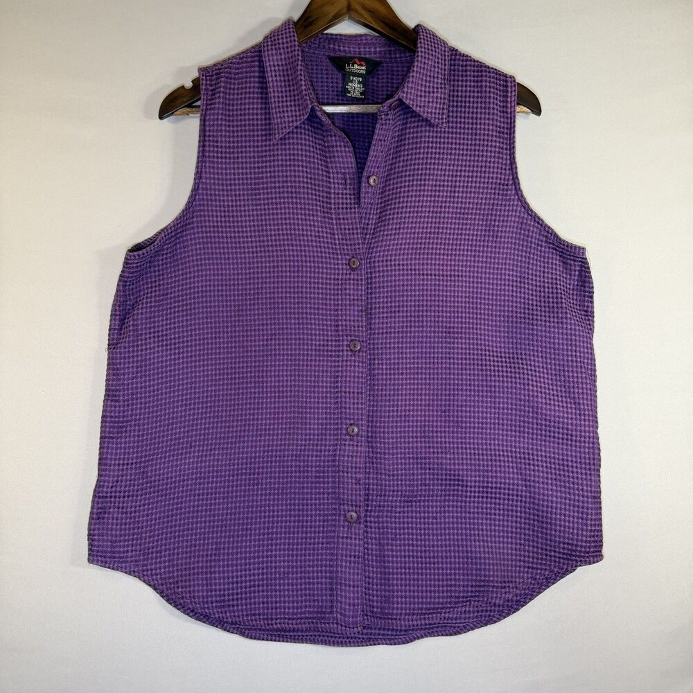 LL BEAN Top Womens Large OUTDOORS Textured Button Front Sleeveless Cotton Purple